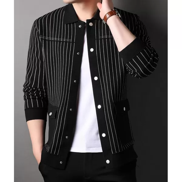 imagechouyatou Mens Vertical Striped Spread Collar Button Down Knit Sweater Trucker Jacket Cardigan TopsBlack