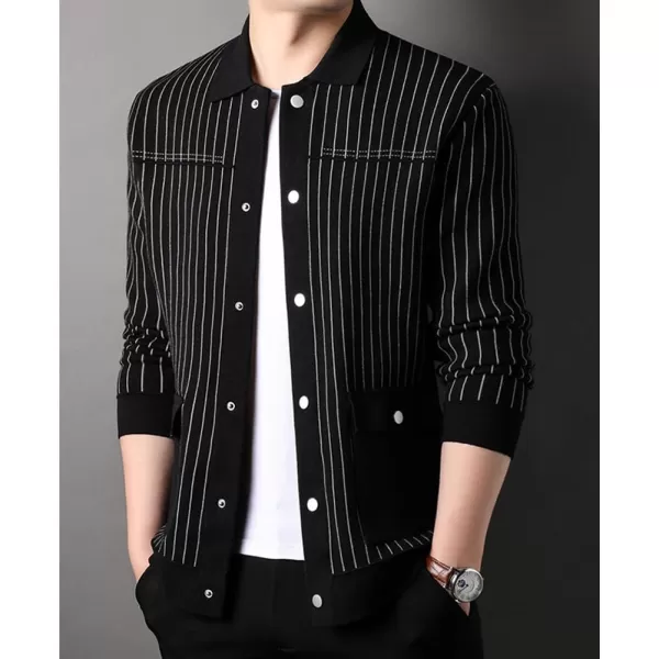 imagechouyatou Mens Vertical Striped Spread Collar Button Down Knit Sweater Trucker Jacket Cardigan TopsBlack