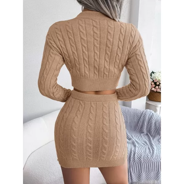 imagechouyatou Womens 2 Piece Outfits Crop Cable Knit Sweater Mini Bodycon Pencil Skirt SetKhaki