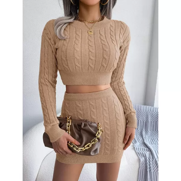 imagechouyatou Womens 2 Piece Outfits Crop Cable Knit Sweater Mini Bodycon Pencil Skirt SetKhaki