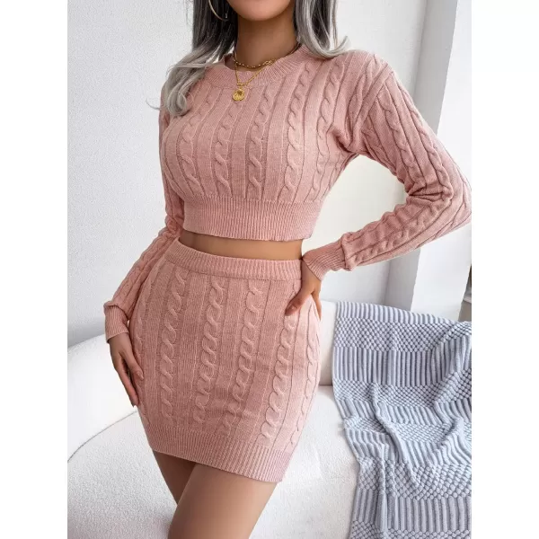 imagechouyatou Womens 2 Piece Outfits Crop Cable Knit Sweater Mini Bodycon Pencil Skirt SetPink