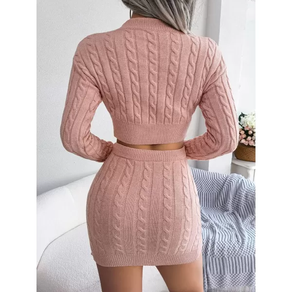 imagechouyatou Womens 2 Piece Outfits Crop Cable Knit Sweater Mini Bodycon Pencil Skirt SetPink