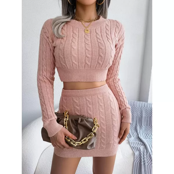 imagechouyatou Womens 2 Piece Outfits Crop Cable Knit Sweater Mini Bodycon Pencil Skirt SetPink