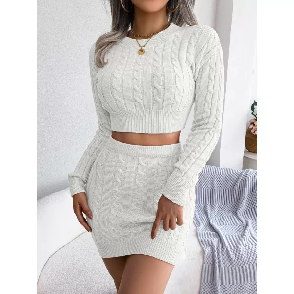 imagechouyatou Womens 2 Piece Outfits Crop Cable Knit Sweater Mini Bodycon Pencil Skirt SetWhite