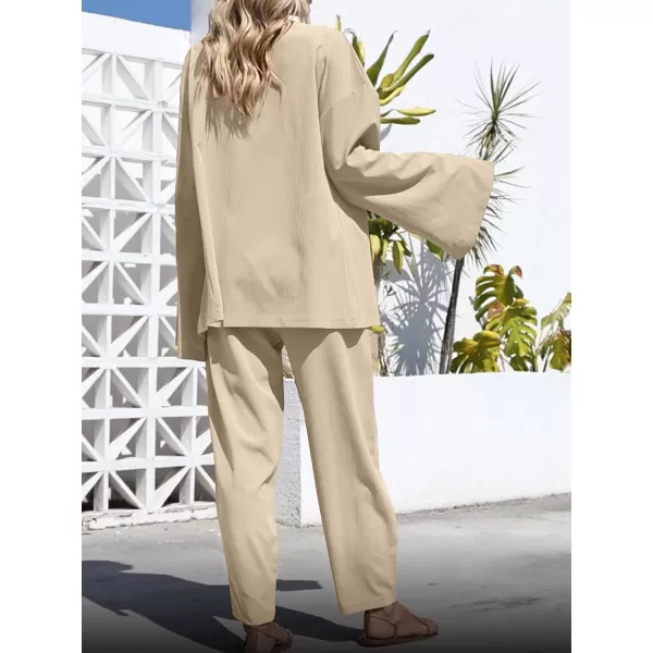 imagechouyatou Womens 2 Piece Outfits Open Front Lightweight Cardigan and Elastic Waist Wide leg Pants SetApricot