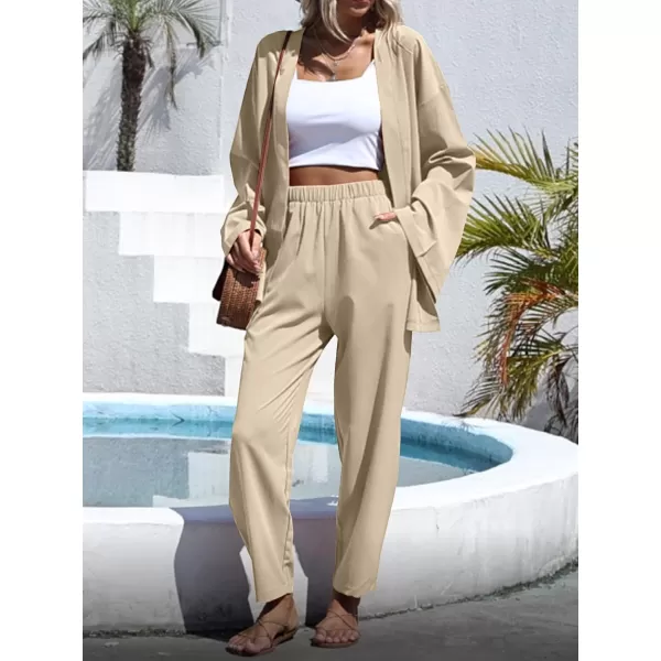 imagechouyatou Womens 2 Piece Outfits Open Front Lightweight Cardigan and Elastic Waist Wide leg Pants SetApricot