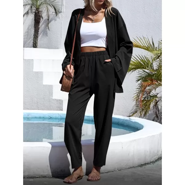 imagechouyatou Womens 2 Piece Outfits Open Front Lightweight Cardigan and Elastic Waist Wide leg Pants SetBlack