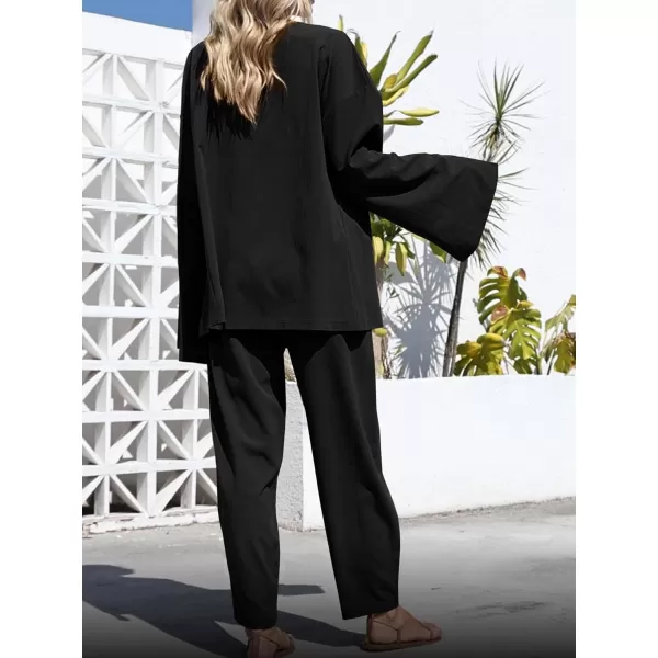 imagechouyatou Womens 2 Piece Outfits Open Front Lightweight Cardigan and Elastic Waist Wide leg Pants SetBlack