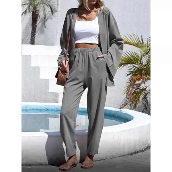 imagechouyatou Womens 2 Piece Outfits Open Front Lightweight Cardigan and Elastic Waist Wide leg Pants SetGray