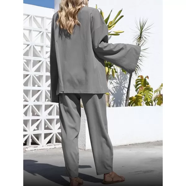 imagechouyatou Womens 2 Piece Outfits Open Front Lightweight Cardigan and Elastic Waist Wide leg Pants SetGray