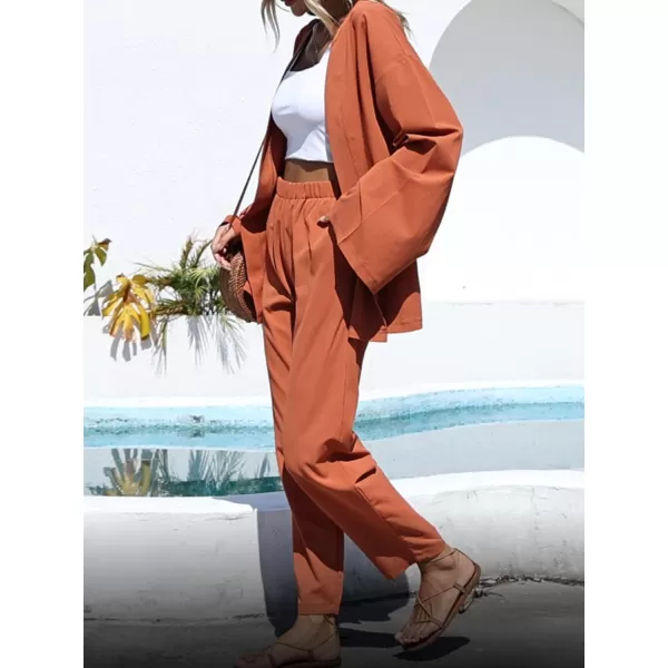 imagechouyatou Womens 2 Piece Outfits Open Front Lightweight Cardigan and Elastic Waist Wide leg Pants SetOrange