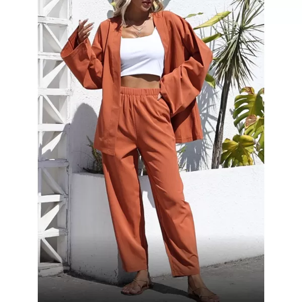 imagechouyatou Womens 2 Piece Outfits Open Front Lightweight Cardigan and Elastic Waist Wide leg Pants SetOrange