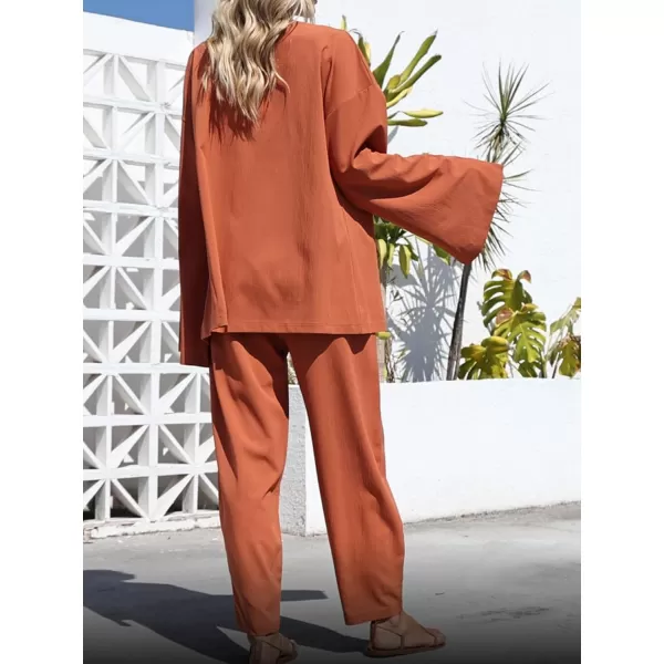 imagechouyatou Womens 2 Piece Outfits Open Front Lightweight Cardigan and Elastic Waist Wide leg Pants SetOrange