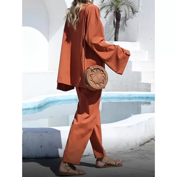 imagechouyatou Womens 2 Piece Outfits Open Front Lightweight Cardigan and Elastic Waist Wide leg Pants SetOrange