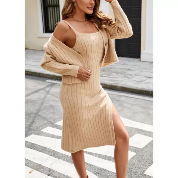 imagechouyatou Womens 2 Piece Sets Ribbed Knit Sexy Button Up Cardigan Midi Bodycon Dress Two Piece OutfitsKhaki
