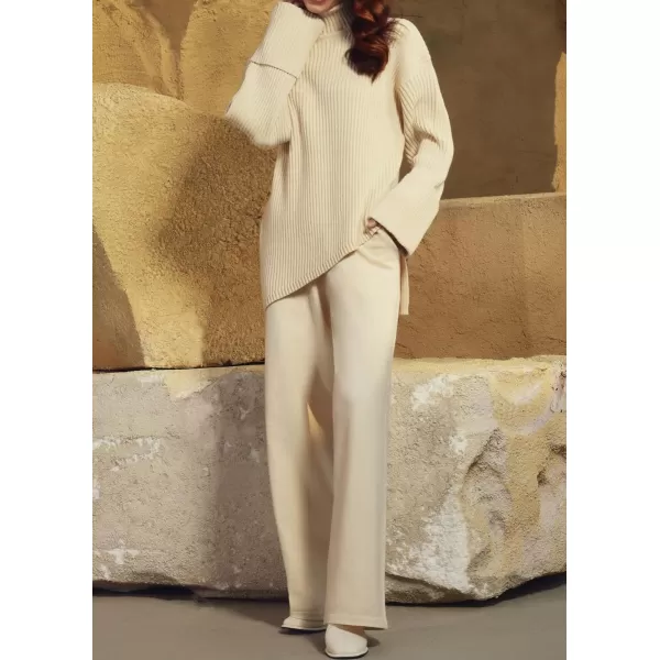 imagechouyatou Womens 2 Piece Sweater Set Outfits Rib Knitted Turtleneck Jumper Sweater Wide Leg Pant SetsApricot