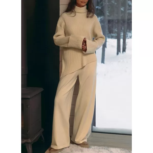 imagechouyatou Womens 2 Piece Sweater Set Outfits Rib Knitted Turtleneck Jumper Sweater Wide Leg Pant SetsApricot
