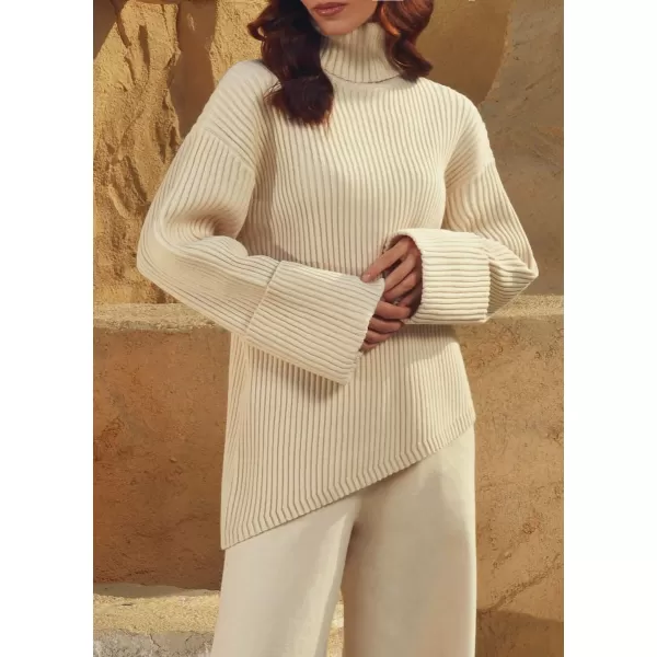 imagechouyatou Womens 2 Piece Sweater Set Outfits Rib Knitted Turtleneck Jumper Sweater Wide Leg Pant SetsApricot