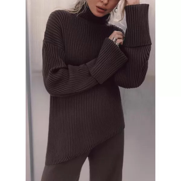 imagechouyatou Womens 2 Piece Sweater Set Outfits Rib Knitted Turtleneck Jumper Sweater Wide Leg Pant SetsBrown