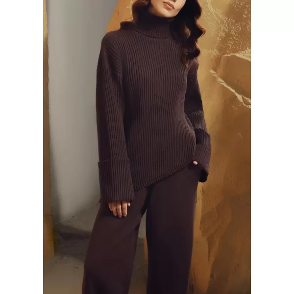 imagechouyatou Womens 2 Piece Sweater Set Outfits Rib Knitted Turtleneck Jumper Sweater Wide Leg Pant SetsBrown