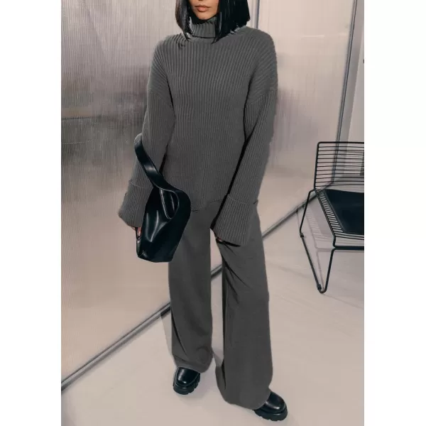 imagechouyatou Womens 2 Piece Sweater Set Outfits Rib Knitted Turtleneck Jumper Sweater Wide Leg Pant SetsGrey