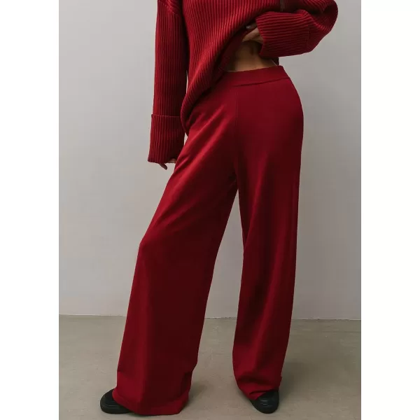 imagechouyatou Womens 2 Piece Sweater Set Outfits Rib Knitted Turtleneck Jumper Sweater Wide Leg Pant SetsRed