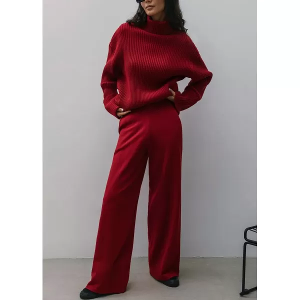 imagechouyatou Womens 2 Piece Sweater Set Outfits Rib Knitted Turtleneck Jumper Sweater Wide Leg Pant SetsRed