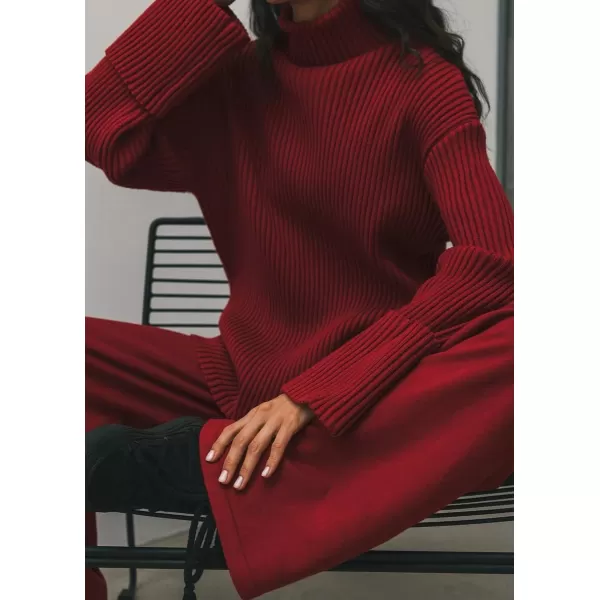 imagechouyatou Womens 2 Piece Sweater Set Outfits Rib Knitted Turtleneck Jumper Sweater Wide Leg Pant SetsRed