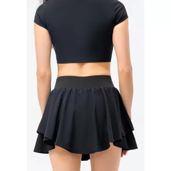 imagechouyatou Womens Athletic Stretched High Waist 2 in 1 Layered Flowy Butterfly Tennis Yoga Skorts Skirts with Shorts PocketsBlack