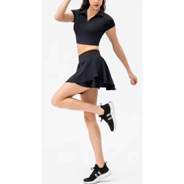 imagechouyatou Womens Athletic Stretched High Waist 2 in 1 Layered Flowy Butterfly Tennis Yoga Skorts Skirts with Shorts PocketsBlack