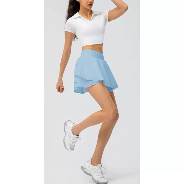 imagechouyatou Womens Athletic Stretched High Waist 2 in 1 Layered Flowy Butterfly Tennis Yoga Skorts Skirts with Shorts PocketsLight Blue