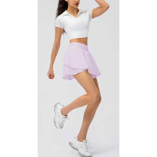 imagechouyatou Womens Athletic Stretched High Waist 2 in 1 Layered Flowy Butterfly Tennis Yoga Skorts Skirts with Shorts PocketsLight Purple