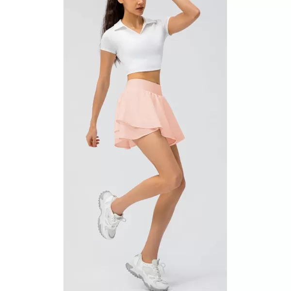 imagechouyatou Womens Athletic Stretched High Waist 2 in 1 Layered Flowy Butterfly Tennis Yoga Skorts Skirts with Shorts PocketsPink