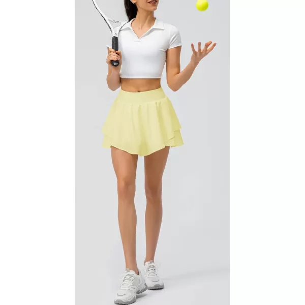 imagechouyatou Womens Athletic Stretched High Waist 2 in 1 Layered Flowy Butterfly Tennis Yoga Skorts Skirts with Shorts PocketsYellow