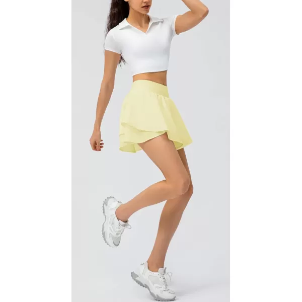 imagechouyatou Womens Athletic Stretched High Waist 2 in 1 Layered Flowy Butterfly Tennis Yoga Skorts Skirts with Shorts PocketsYellow