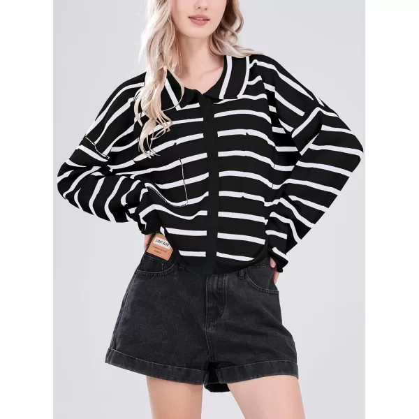 imagechouyatou Womens Button Down Striped Cardigan Sweater Polo Collar Open Front Knit Jacket 2024 Fall OutfitsBlack