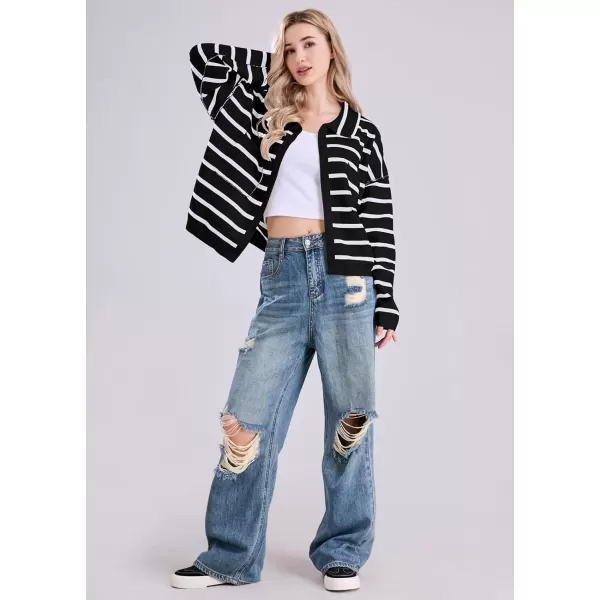 imagechouyatou Womens Button Down Striped Cardigan Sweater Polo Collar Open Front Knit Jacket 2024 Fall OutfitsBlack