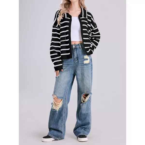 imagechouyatou Womens Button Down Striped Cardigan Sweater Polo Collar Open Front Knit Jacket 2024 Fall OutfitsBlack