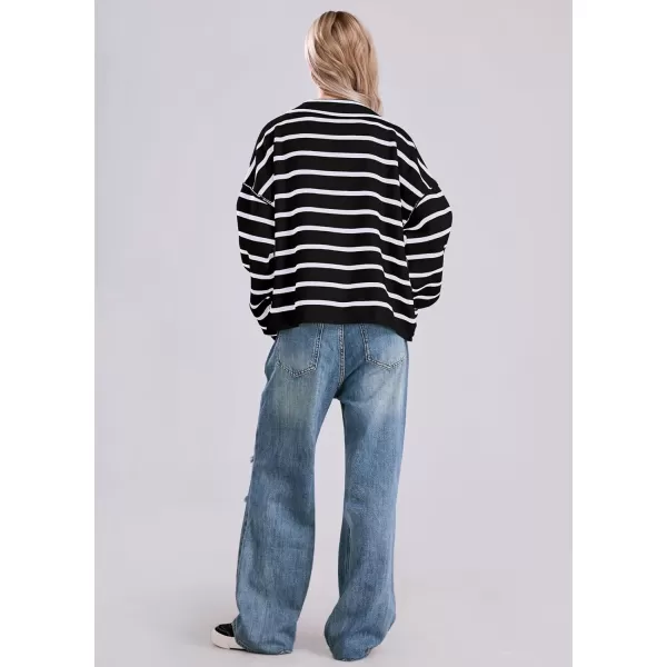imagechouyatou Womens Button Down Striped Cardigan Sweater Polo Collar Open Front Knit Jacket 2024 Fall OutfitsBlack
