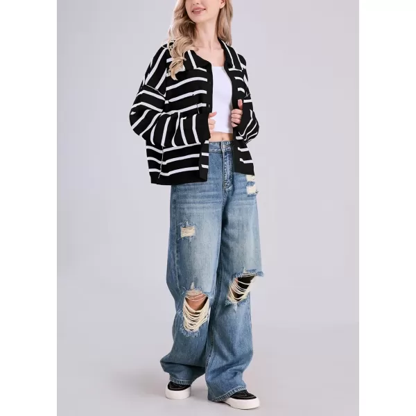 imagechouyatou Womens Button Down Striped Cardigan Sweater Polo Collar Open Front Knit Jacket 2024 Fall OutfitsBlack