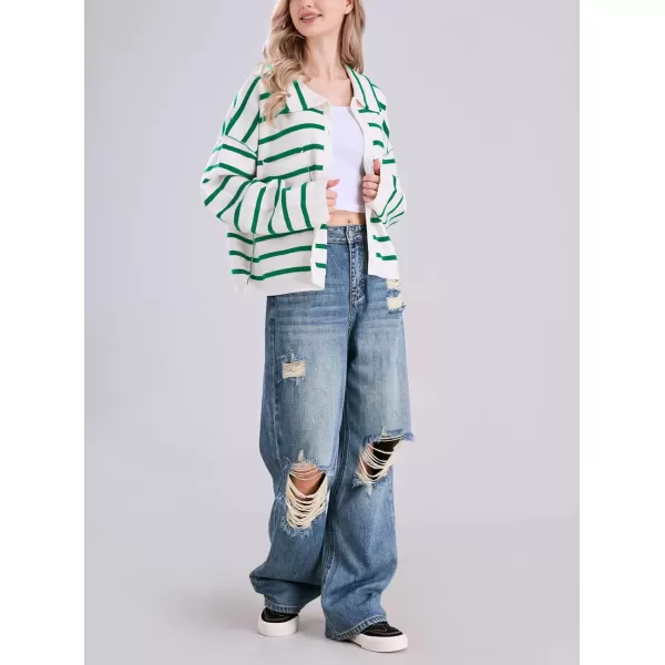 imagechouyatou Womens Button Down Striped Cardigan Sweater Polo Collar Open Front Knit Jacket 2024 Fall OutfitsGreen