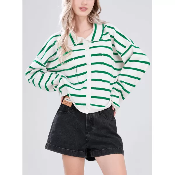 imagechouyatou Womens Button Down Striped Cardigan Sweater Polo Collar Open Front Knit Jacket 2024 Fall OutfitsGreen