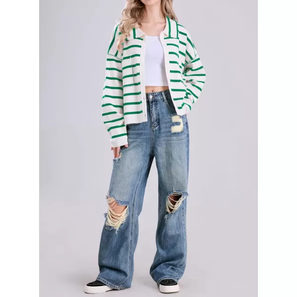 imagechouyatou Womens Button Down Striped Cardigan Sweater Polo Collar Open Front Knit Jacket 2024 Fall OutfitsGreen