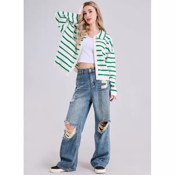 imagechouyatou Womens Button Down Striped Cardigan Sweater Polo Collar Open Front Knit Jacket 2024 Fall OutfitsGreen