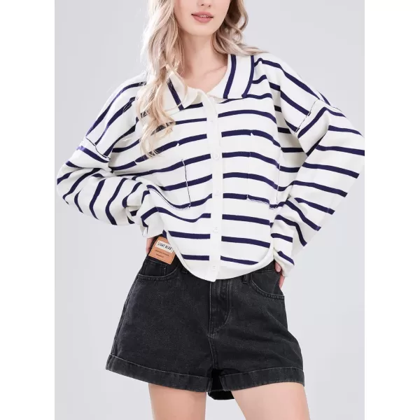imagechouyatou Womens Button Down Striped Cardigan Sweater Polo Collar Open Front Knit Jacket 2024 Fall OutfitsNavy Blue