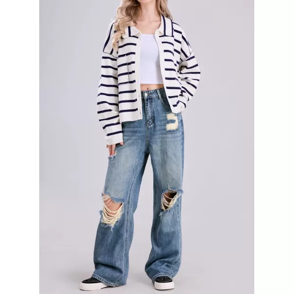 imagechouyatou Womens Button Down Striped Cardigan Sweater Polo Collar Open Front Knit Jacket 2024 Fall OutfitsNavy Blue
