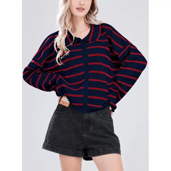 imagechouyatou Womens Button Down Striped Cardigan Sweater Polo Collar Open Front Knit Jacket 2024 Fall OutfitsNavy Red