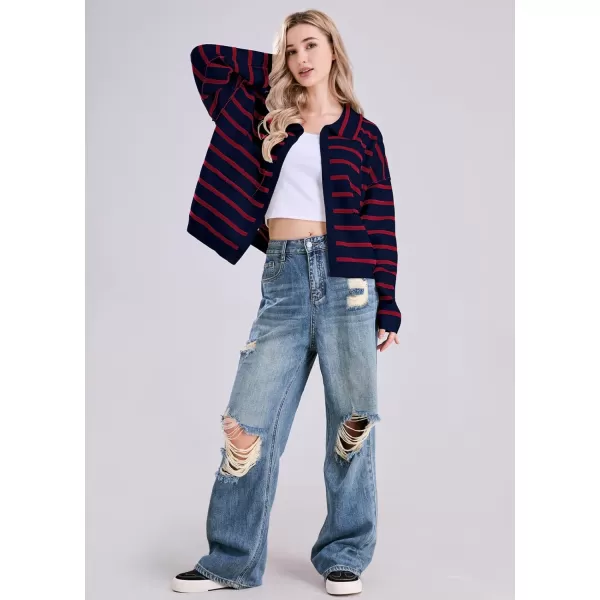 imagechouyatou Womens Button Down Striped Cardigan Sweater Polo Collar Open Front Knit Jacket 2024 Fall OutfitsNavy Red