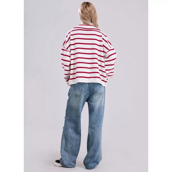 imagechouyatou Womens Button Down Striped Cardigan Sweater Polo Collar Open Front Knit Jacket 2024 Fall OutfitsRed