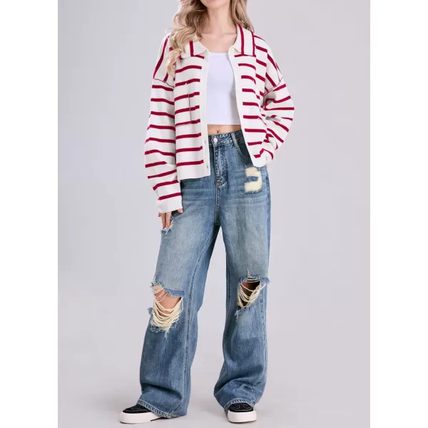imagechouyatou Womens Button Down Striped Cardigan Sweater Polo Collar Open Front Knit Jacket 2024 Fall OutfitsRed